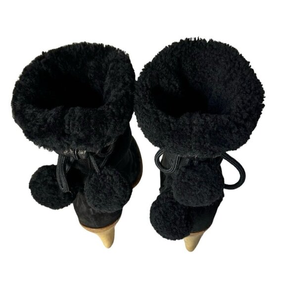 DIOR Boots Sz.9.5 Black Suede Shearling High Heel Pom Pom Drawstrings Fur Trim - Picture 5 of 16